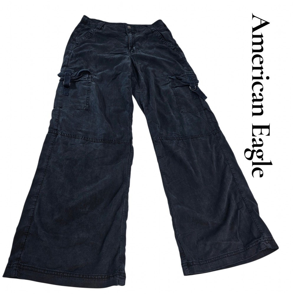 American Eagle Cargo Pants Womens 6 Black Lyocell Stretch Baggy Wide Leg Y2K 90s